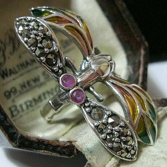 Dragonfly ring sterling silver marcasite and plique a jour Art Deco style new - Picture 8 of 9